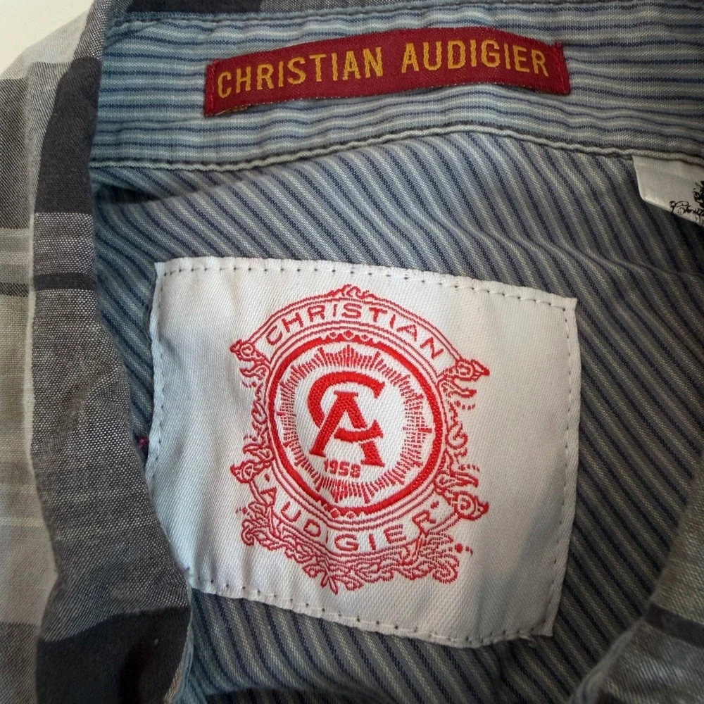 Christian Audigier Mens Plaid Button Down Shirt Black Grey Orange Long Sleeve‎ M